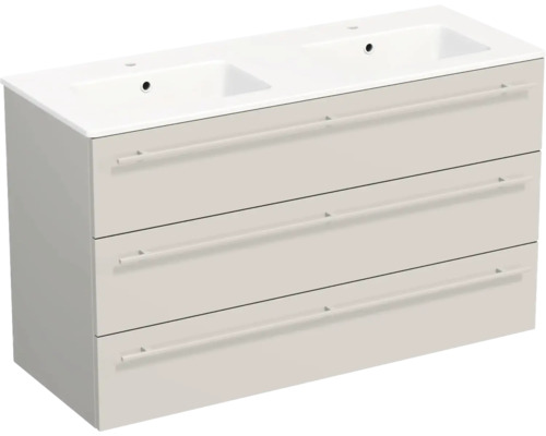 Waschtischunterschrank mit Doppelwaschbecken und drei Schubladen in Beige.