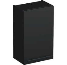Schwarzer Badezimmer-Oberschrank mit matter Oberfläche und Griffleiste unten.