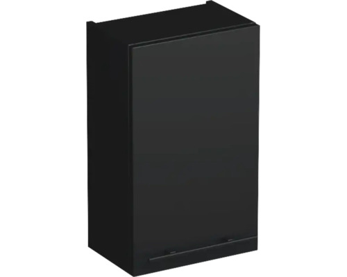 Schwarzer Badezimmer-Oberschrank mit matter Oberfläche und Griffleiste unten.