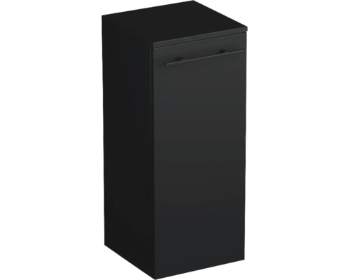 Schwarzer Badezimmer-Seitenschrank mit einer Tür und horizontalem Griff.