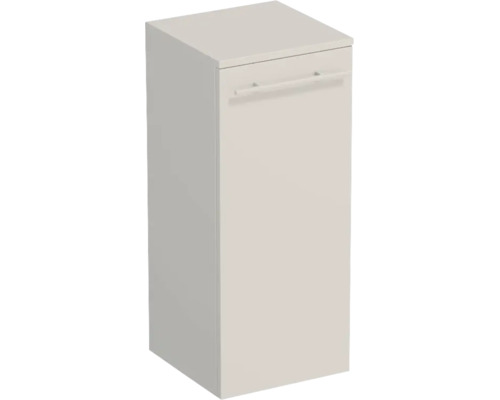 Schmaler Badezimmer-Seitenschrank mit einer Tür und horizontalem Stangengriff in Weiß matt.