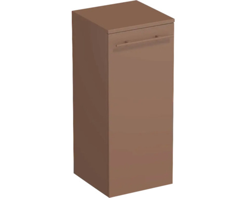 Brauner Badezimmer-Seitenschrank mit einer Schublade, einer Tür und einem Stangengriff.