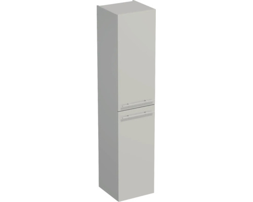 Hochschrank fürs Badezimmer mit zwei Türen und zwei horizontalen Griffstangen.