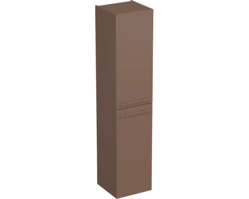 Hoher Badezimmerschrank mit zwei Türen und horizontalen Griffen in Braun.