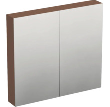 Spiegelschrank mit zwei Türen für das Badezimmer und braunem Rahmen.