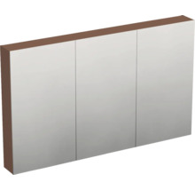 Dreitüriger Spiegelschrank für das Badezimmer mit braunem Korpus.