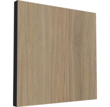 Holzpaneel mit vertikaler Maserung und schwarzer Seitenkante.