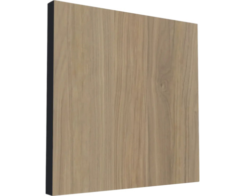 Holzpaneel mit vertikaler Maserung und schwarzer Seitenkante.