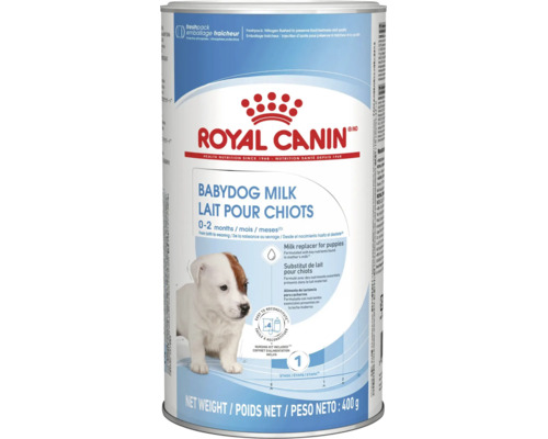 Royal Canin Welpenmilch Babydog Milk, Milchersatz für Welpen von null bis zwei Monaten, 400 Gramm Dose mit Royal Canin Logo.