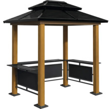 Grillpavillon mit schwarzem Hardtop-Doppeldach, Pfosten in Holzoptik und zwei seitlichen Ablagetischen.