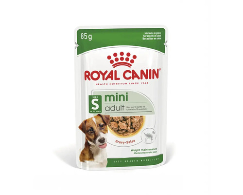 Royal Canin Logo, Nassfutter Mini Adult für ausgewachsene kleine Hunde bis 10 Kilogramm in Soße, 85 Gramm Beutel