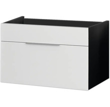 Wandhängender Waschbeckenunterschrank mit weißer Front, schwarzem Korpus und einem Metallgriff.