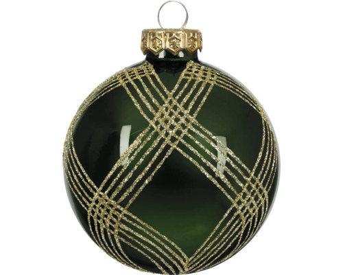 Christbaumkugel aus Glas in Dunkelgrün mit goldfarbenem Glitzermuster und Aufhänger.