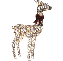 LED Rentier-Figur aus braunem Drahtgeflecht mit warmweißer Beleuchtung und rot-schwarz karierter Schleife am Hals.