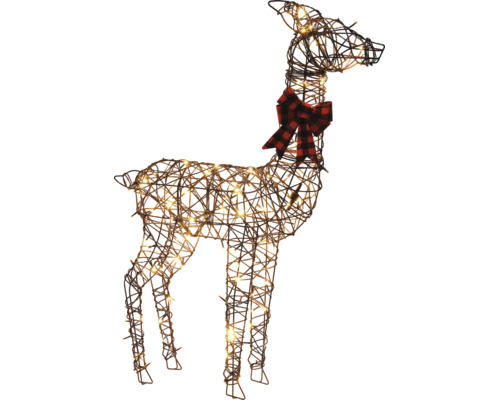LED Rentier-Figur aus braunem Drahtgeflecht mit warmweißer Beleuchtung und rot-schwarz karierter Schleife am Hals.