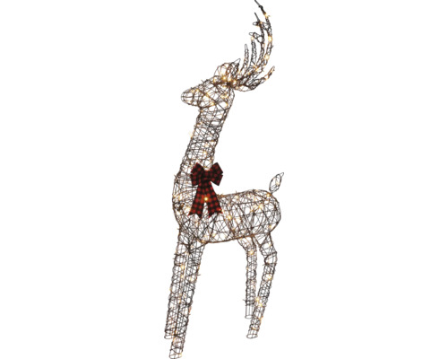 Beleuchtetes Rentier aus braunem Drahtgeflecht mit Lichterkette und rot-schwarz karierter Schleife als Weihnachtsdekoration.