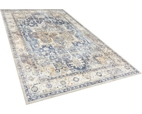 Rechteckiger Teppich mit orientalischem Vintage-Muster in Blau und Beige.