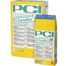 PCI Carraflex verformungsfähiger Dünnbettmörtel für Naturwerksteinbeläge in zwei Packungsgrößen, flexibel, emissionsarm, PCI Logo, Sika Logo.