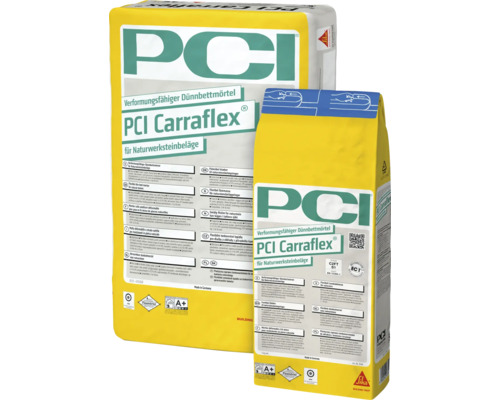 PCI Carraflex verformungsfähiger Dünnbettmörtel für Naturwerksteinbeläge in zwei Packungsgrößen, flexibel, emissionsarm, PCI Logo, Sika Logo.