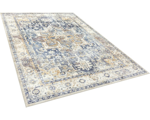 Rechteckiger Teppich mit orientalischem Vintage-Muster in Blau- und Beigetönen mit Used-Look.
