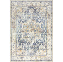 Rechteckiger Teppich in Blau und Creme mit orientalischem Vintage-Muster, verwaschene Optik mit zentralem Medaillon und Bordüre.