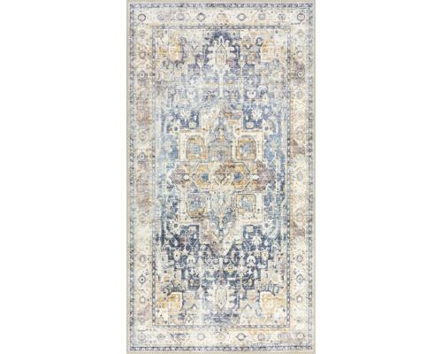 Rechteckiger Teppich mit Vintage-Orient-Muster in Blau und Beige, zentralem Medaillon und ornamentaler Bordüre.