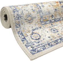 Teilgerollter Teppichläufer mit orientalischem Vintage-Muster in Blau und Beige, flachgewebt mit eingefassten Kanten.