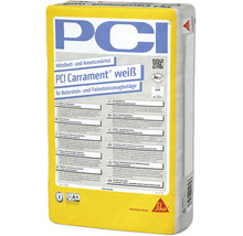 PCI Carrament weißer Mittelbettmörtel und Ansetzmörtel für Naturstein und Feinsteinzeug. Sehr emissionsarm. Beutel mit PCI Logo und Sika Logo.