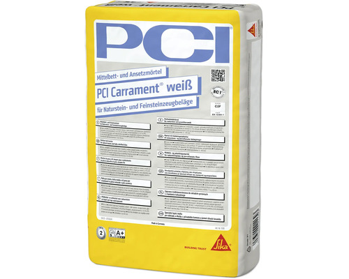 PCI Carrament weißer Mittelbettmörtel und Ansetzmörtel für Naturstein und Feinsteinzeug. Sehr emissionsarm. Beutel mit PCI Logo und Sika Logo.