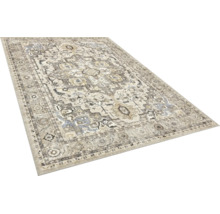 Rechteckiger Webteppich mit traditionellem Orient-Muster im Vintage-Stil in Beige, Grau und Blau.