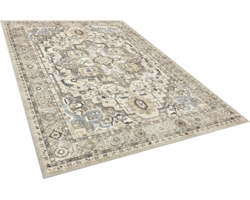 Rechteckiger Webteppich mit traditionellem Orient-Muster im Vintage-Stil in Beige, Grau und Blau.
