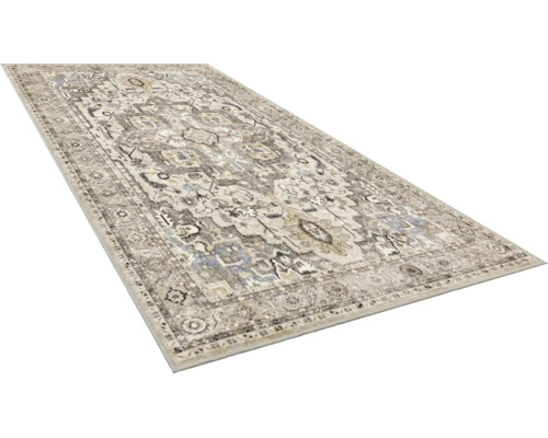 Rechteckiger Teppich mit orientalischem Muster im Vintage-Stil in Beige und Grau.