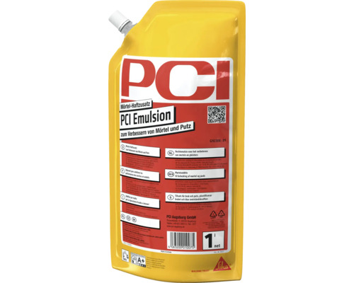 PCI Emulsion Mörtel-Haftzusatz in einem 1-Liter-Standbeutel zur Verbesserung von Mörtel und Putz mit dem PCI Logo und Sika Logo.
