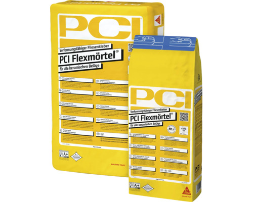 Zwei Packungen PCI Flexmörtel, verformungsfähiger Fliesekleber für keramische Beläge. Zertifiziert als sehr emissionsarm. PCI Logo, Sika Logo.