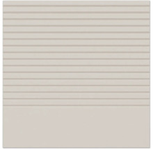 Quadratische beige Stufenfliese aus Keramik mit horizontalen Rillen und glattem unterem Bereich.