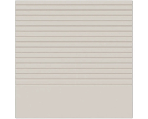 Quadratische beige Stufenfliese aus Keramik mit horizontalen Rillen und glattem unterem Bereich.