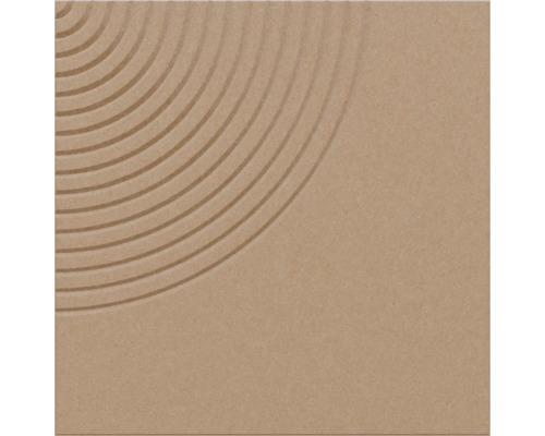 Quadratische Fliese in Beige mit konzentrischem Rillenmuster in einer Ecke.