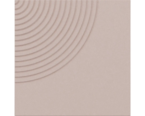 Quadratische Wandfliese mit Reliefmuster aus konzentrischen Viertelkreisen in der Ecke, beige, matte Oberfläche.