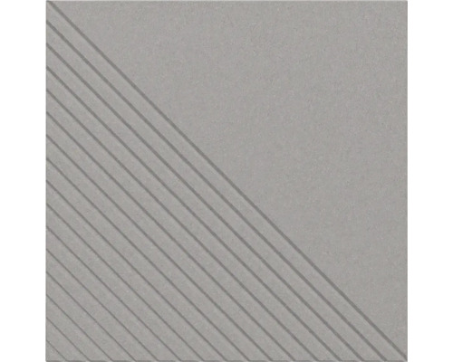 Quadratische Fliese aus Feinsteinzeug mit diagonalen Rillen auf einer Hälfte und strukturierter Oberfläche.