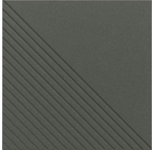 Quadratische Fliese in Dunkelgrau mit diagonalem Rillenmuster auf einer Hälfte der Oberfläche.