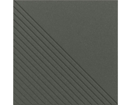 Quadratische Fliese in Dunkelgrau mit diagonalem Rillenmuster auf einer Hälfte der Oberfläche.