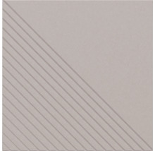 Quadratische Fliese mit diagonalem Muster aus parallelen Rillen auf der einen Hälfte und glatter Oberfläche auf der anderen.
