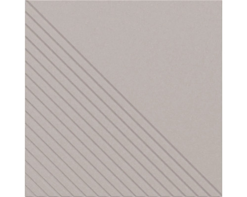 Quadratische Fliese mit diagonalem Muster aus parallelen Rillen auf der einen Hälfte und glatter Oberfläche auf der anderen.
