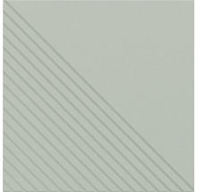 Quadratische Fliese mit diagonalen parallelen Rillen auf einer Hälfte und einer glatten Oberfläche auf der anderen Hälfte.