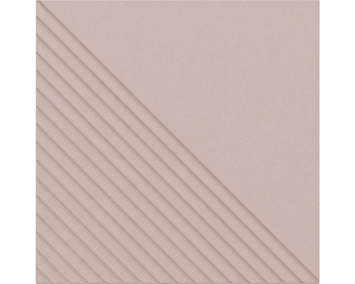 Quadratische Wandfliese mit einer diagonal geteilten Oberfläche, eine Hälfte glatt und eine Hälfte mit diagonalen Rillen.
