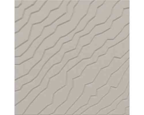 Quadratische Wandfliese aus Keramik mit dreidimensionaler Reliefstruktur und gezackten diagonalen Linien in Grau.