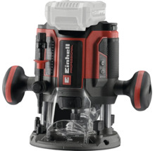 Einhell Professional Akkumulator-Oberfräse in Rot und Schwarz mit zwei Handgriffen, Tiefeneinstellskala, transparentem Späneschutz und Einhell Logo.