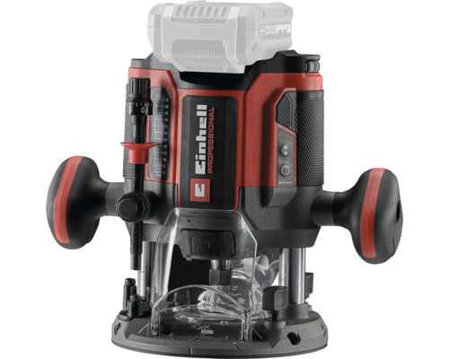 Einhell Professional Akkumulator-Oberfräse in Rot und Schwarz mit zwei Handgriffen, Tiefeneinstellskala, transparentem Späneschutz und Einhell Logo.