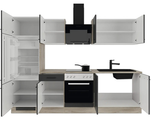 Küchenzeile mit offenen Schränken, Einbaukühlschrank, Backofen, Kochfeld, Dunstabzugshaube, Spüle und Armatur. Arbeitsplatte in Holzoptik.