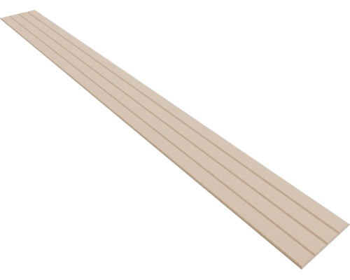 Lange, helle Holzpaneele mit parallelen Längsrillen über die gesamte Länge.